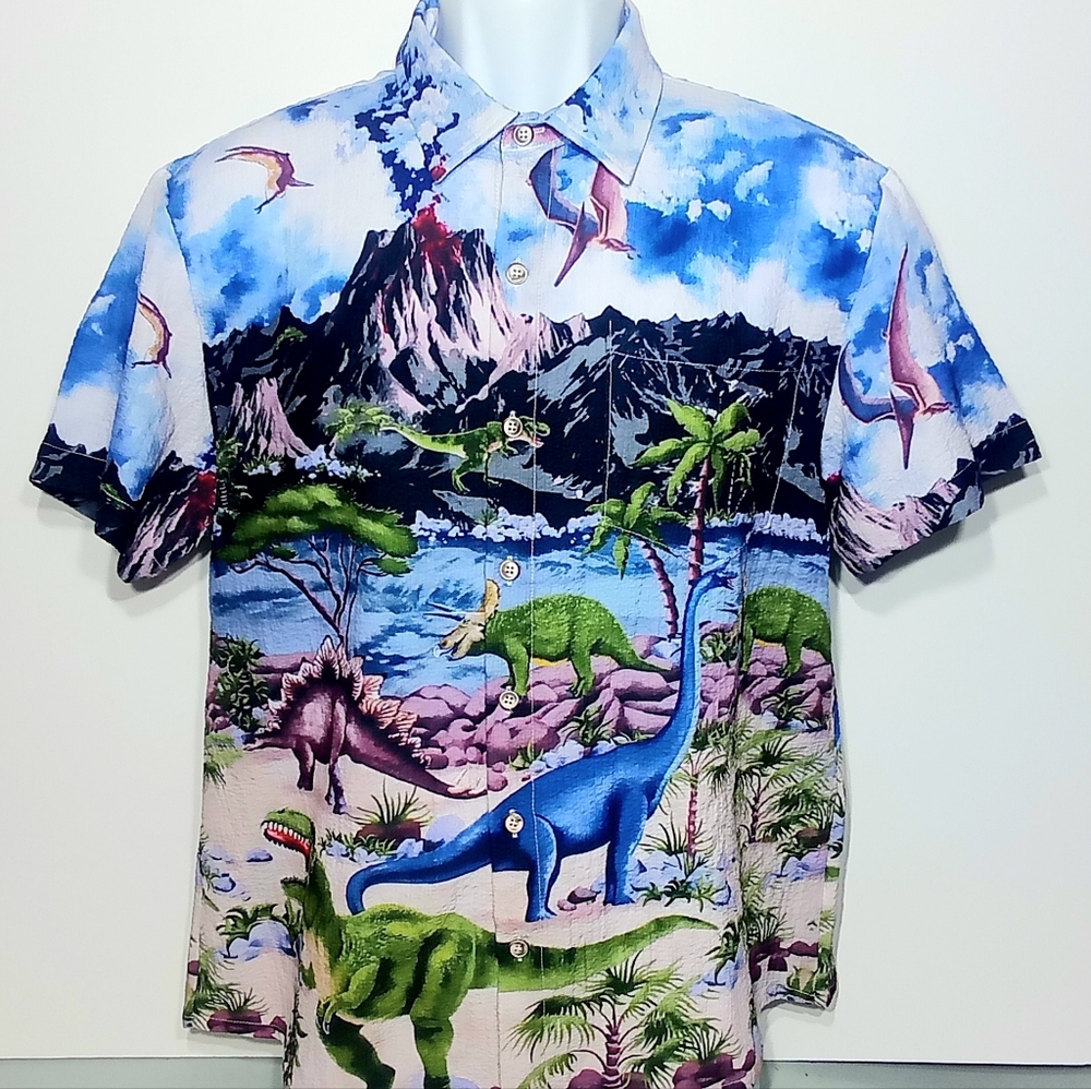 MEN'S MEDIUM DINOSAUR BUTTON DOWN SHORT SLEEVE SHIRT